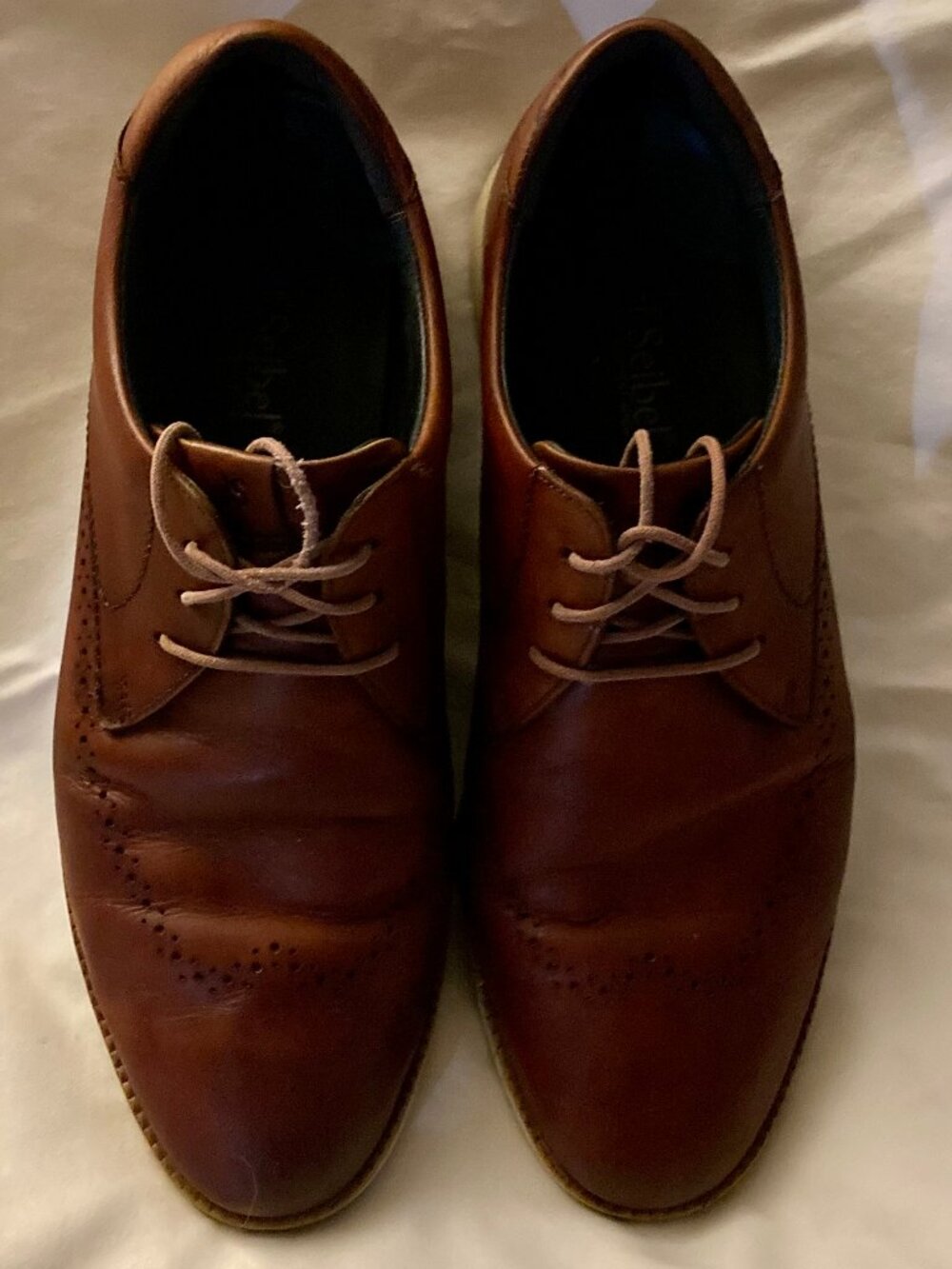 MENs SZ 44 (10.5-11) Josef Seibel Leather Lace Up Oxfords, Cognac Brown